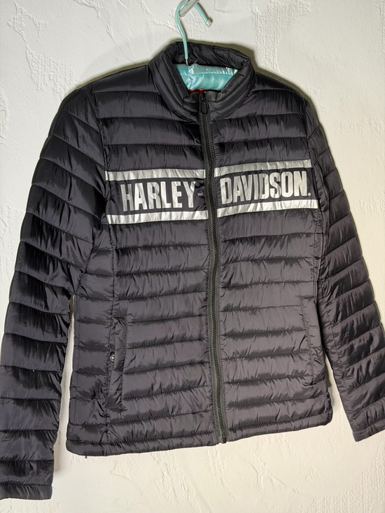 Harley-Davidson Black Puffer Jacket with White Logo Stripe XS - Picture 3 of 16